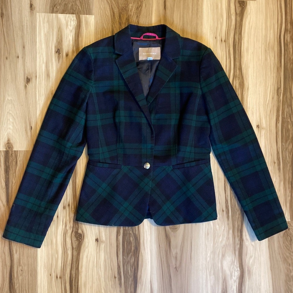 Banana Republic Black Watch Plaid Blazer Navy Green Tartan Single Button Size 8